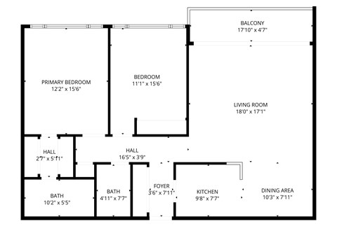 Floor plan for 2 beds, 2 baths, 922 sqft